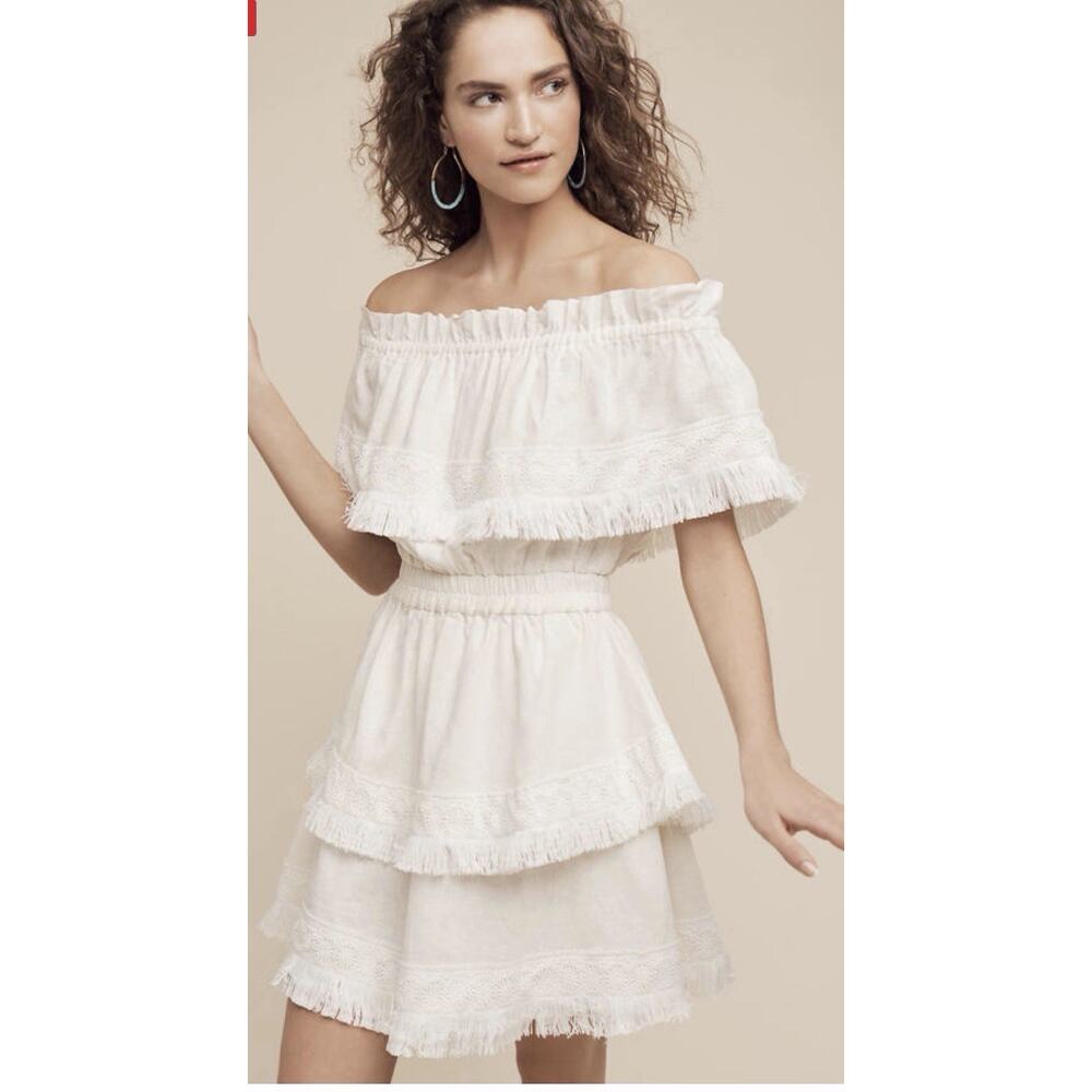 Steele Avery Fringed Floral M Off-The-Shoulder Dress Ivory‎ linen tiered Boho